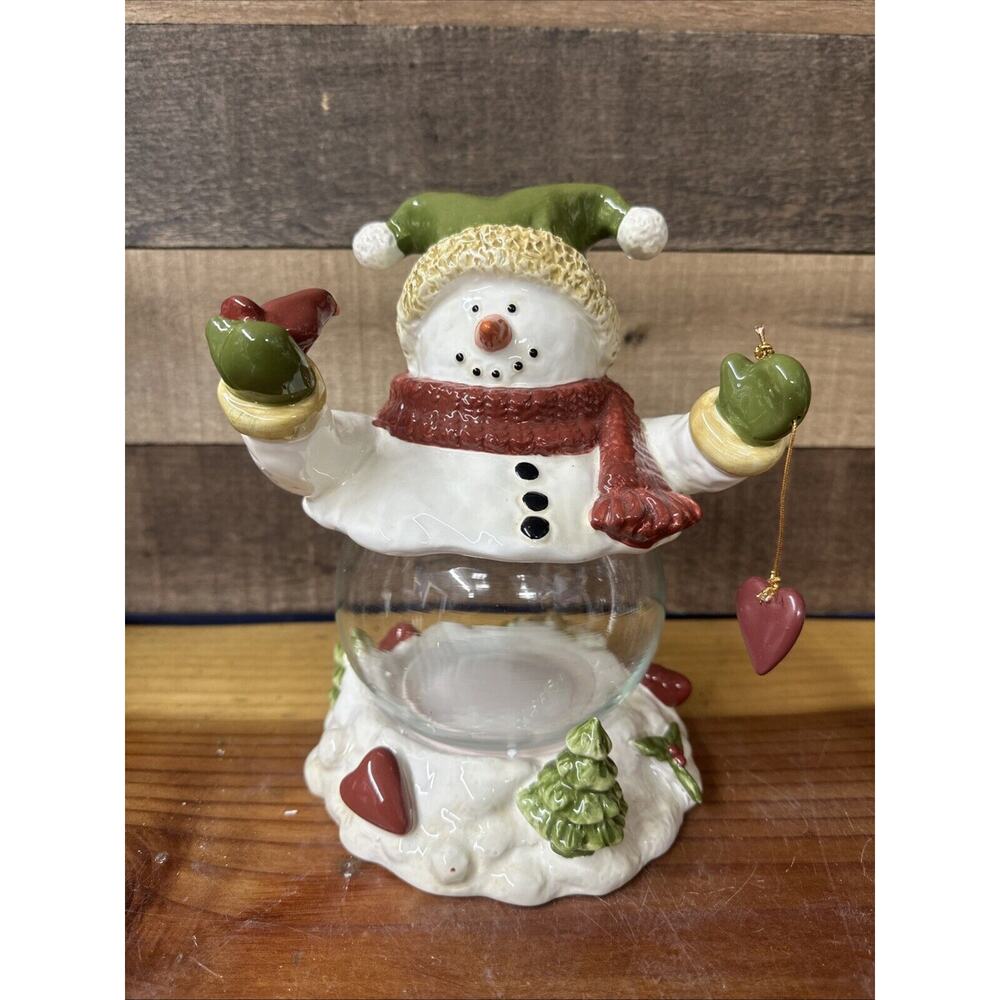 Ceramic And Glass Snowman Treat Jar In Box